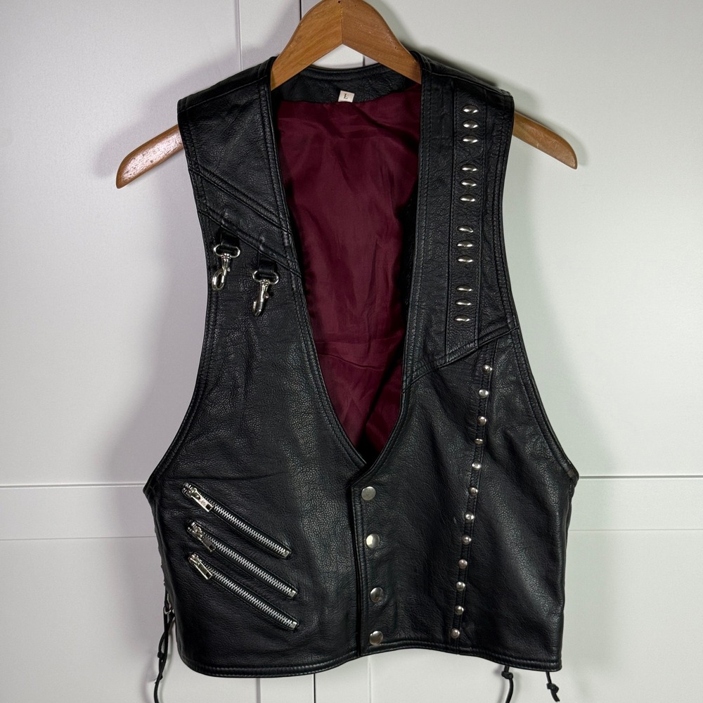 Vintage Heavyweight Premium Leather Biker Vest Studded Women's Moto Side Lace L